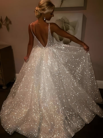White V Neck Sparkle Tulle A Line Prom Dress