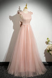 Tulle Scoop A Line Bow Pink Satin Prom Dress