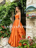 Orange Strapless Satin Ruffles Beading A Line Prom Dress