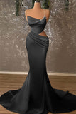 Crystal Draped One Shoulder Red Satin Mermaid Prom Dress