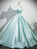 Green Short Sleeve Satin Square A Line Prom Dress