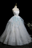 A Line Lace Flower Blue Sparkle Prom Dress
