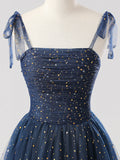 Spaghetti Strap Sequin Navy Tulle Sparkle Prom Dress