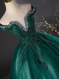Tulle Sequins Beading Off The Shoulder Dark Green Prom Dress