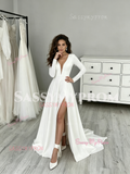 Spandex V Neck A Line Long Sleeve Wedding Dress