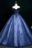 Blue Velvet Off The Shoulder Beading Tulle Prom Dress