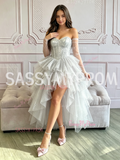 Silver High Low Tulle Sparkle Strapless Long Sleeve Homecoming Dress