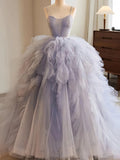 Ball Gown Ruffles Blue Tulle Lace Up Prom Dress
