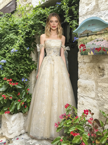 Champagne Tulle Off The Shoulder Tie Straps A Line Prom Dress
