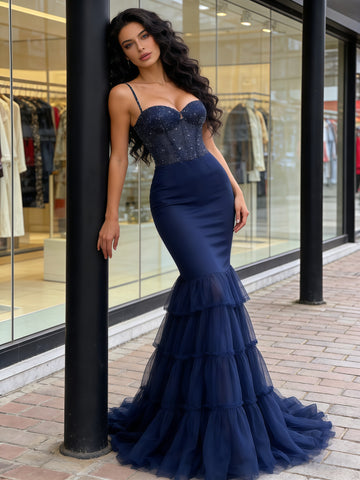 Tulle Spaghetti Straps Navy Blue Trumpet Mermaid Beading Prom Dress