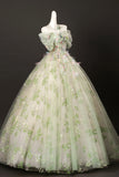 A Line Green Floral Tulle Off The Shoulder Prom Dress