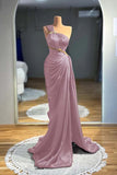 One Shoulder Satin Pleats Crystal Waist Brown Prom Dress