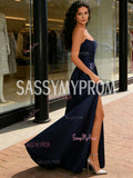 A Line Satin Ruched Green Strapless Prom Dress With Slit