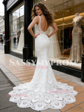 Jewel Trumpet Mermaid Lace Sweep Train Wedding Dress