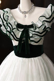 White Tulle & Green Print A Line Prom Dress
