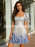 Short Sleeves Tulle A Line Silver Square Homecoming Dress