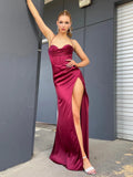 Mermaid Satin Burgundy Long Prom Dress with Slit