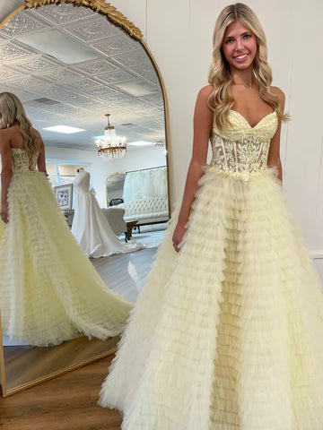 Appliques See Through Ruffles Yellow Sweetheart Prom Dress
