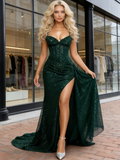 Spaghetti Straps Sequin Trumpet Mermaid Green Prom Dress With Slit