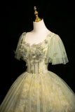 Square Puffy Sleeve Green Ball Gown Tulle Prom Dress