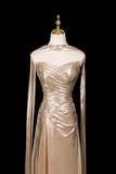 Sweep Train Floor Length Satin Champagne Prom Dress With Shawl