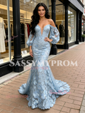 Light Blue Lace Long Sleeve Sweetheart Trumpet Mermaid Prom Dress