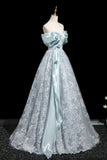 Flower Lace A Line Blue Off the Shoulder Prom Dress