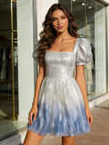 Short Sleeves Tulle A Line Silver Square Homecoming Dress