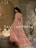 Long Sleeve Coral V Neck Lace Floral Prom Dress