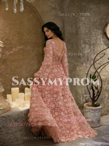 coral lace long sleeve dress Long coral lace dress for celebrations CHICA del Sur