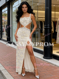 Straps A Line Lace Beading Champagne Cut Out Prom Dress With Slit