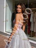 Silver Pink Tulle Sparkle Pink V Neck Ombre A Line Prom Dress
