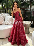 Burgundy Sweetheart Lace A-Line Tulle Prom Dress