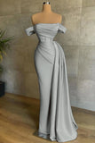 Off The Shoulder Satin Mermaid Champagne Draped Train Prom Dress