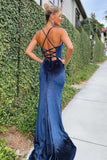 Backless Mermaid Navy Blue Velvet Prom Dress with High Slit