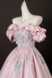 Pink Satin Lace Off The Shoulder A Line Prom Dress