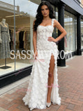 Sheath Column Flower Lace Straps White Prom Dress