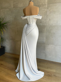 Off The Shoulder Satin Mermaid Champagne Draped Train Prom Dress