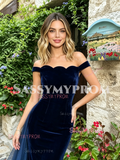 Royal Blue Velvet Off The Shouler Trumpet Mermaid Prom Dress