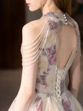 Floral Print A Line Backless High Neck Prom Dress