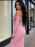 Maxi Long Sleeve Ruched Fitted Off The Shoulder Bodycon Dress