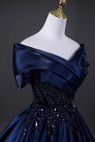 Beading A Line Off The Shoulder Navy Satin Prom Dress