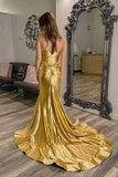 Sweetheart Mermaid Ruched Satin Gold Prom Dress