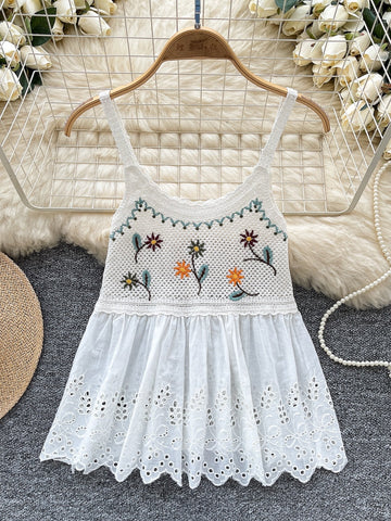 Floral Embroidery Eye-let Hem White Sleeveless Top