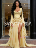 Sweetheart Chiffon Beading Long Sleeve Yellow Prom Dress With Slit