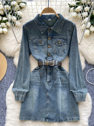 Belted Waist Chic Pocket Denim Dress