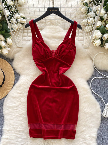 Flattering Waist Red Velvet Midi Dress