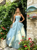 Tulle Flowers Ruched Sweetheart Light Blue Prom Dress