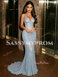Trumpet Mermaid Beading Blue Spaghetti Straps Tulle Prom Dress