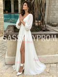 Chiffon Deep V Neck A Line Long Sleeve Wedding Dress With Slit